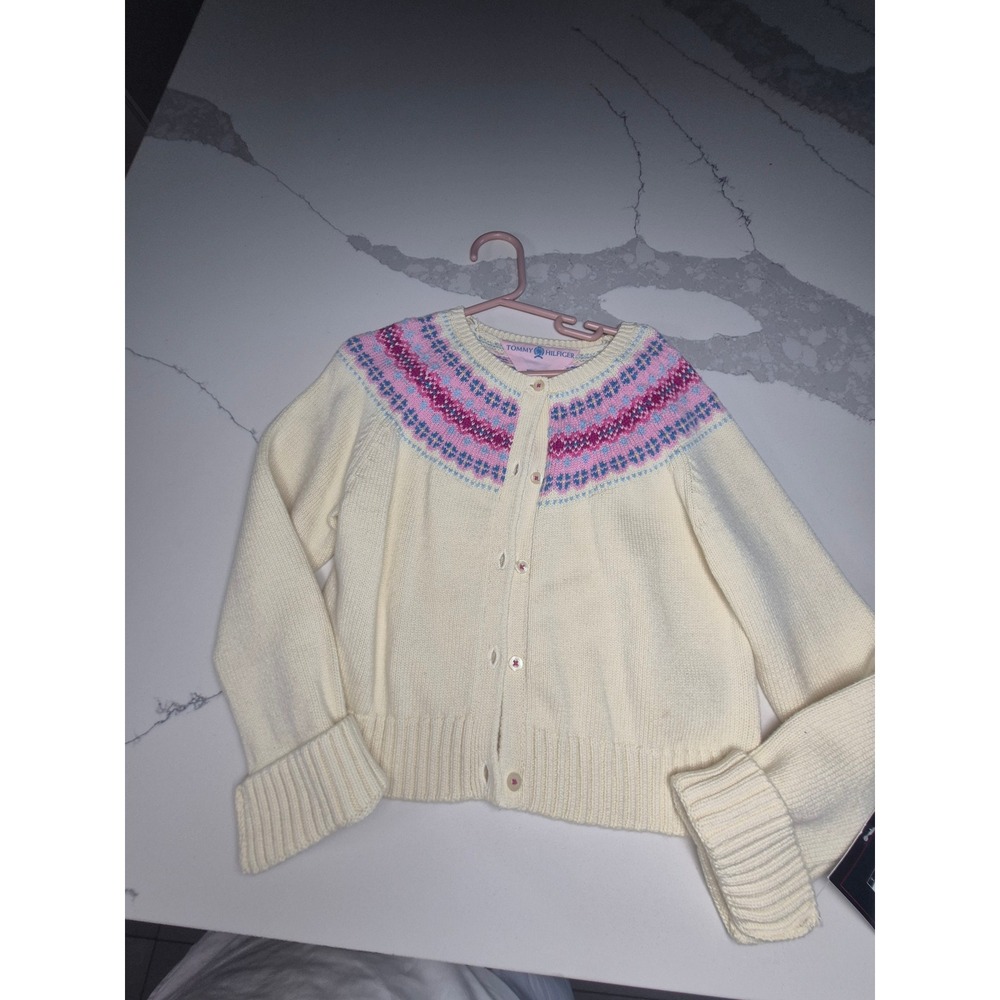 Tommy Hilfiger Girls Fair Isle Cardigan Sweater Cream Pink Blue Size 6 NWT